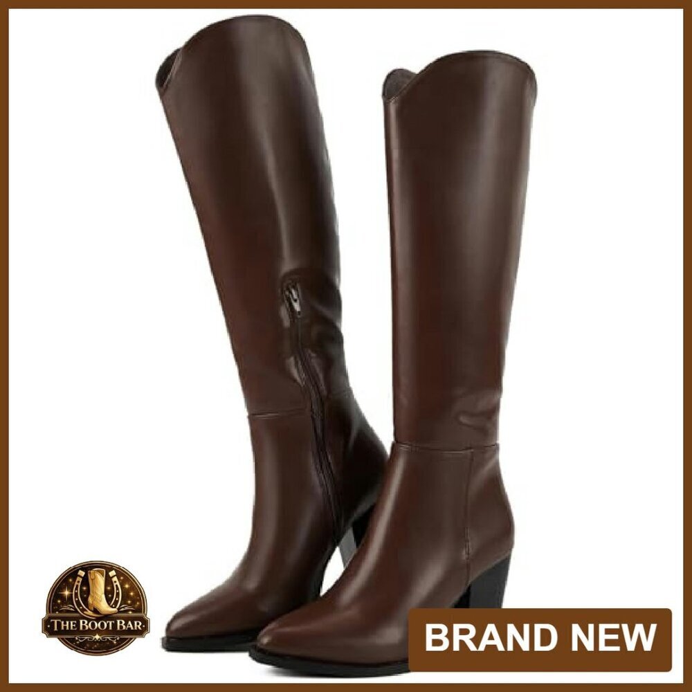 Knee High Boots Faux Leather Pointed Toe Chunky Heel Western Style - Picture 2 of 8